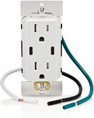 60W USB Dual Type-C Power Delivery Wall Outlet Charger with 15A Tamper-Resistant Outlet