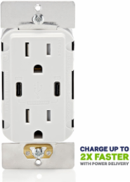 60W USB Dual Type-C Power Delivery Wall Outlet Charger with 15A Tamper-Resistant Outlet