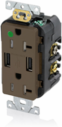 Tamper-Resistant USB Duplex Receptacle Outlet, 20 Amp, 125 Volt, Hospital Grade, Brown