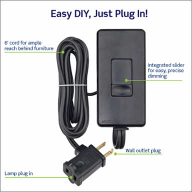 Tabletop Lamp Dimmer, 300W Incandescent, 150W LED, 6ft Cord, Black