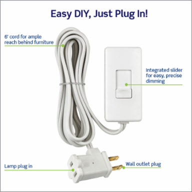 Tabletop Plug-In Lamp Dimmer, 150W LED/CFL, 300W Incandescent, 6ft Cord
