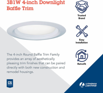 4 Inch White Baffle Trim, Aluminum, 1 Lamp, Gloss Finish