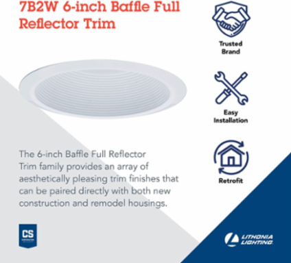 White Baffle Trim, 6 Inch Aperture, Aluminum, Gloss Finish