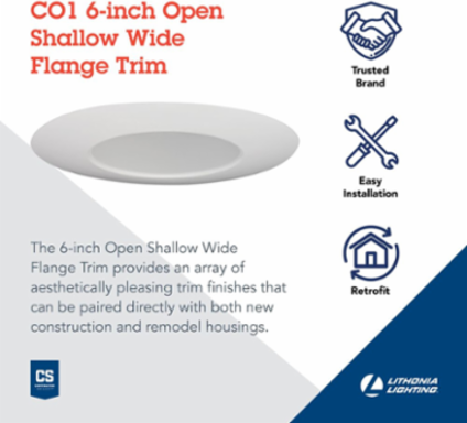 6 Inch White Open Wide Flange Recessed Trim, Aluminum, Gloss Finish