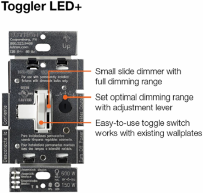 Ariadni LED+ Dimmer, 150W LED/CFL or 600W Incandescent, Toggle Switch, 4.60 x 2.86 Inch