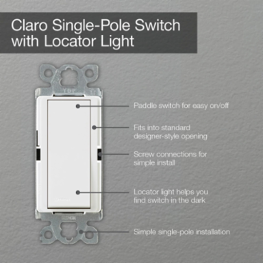 Claro 120VAC Single Pole Switch with Locator Light, 15A, Gloss White Finish