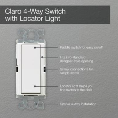 Claro 4-Way Light Almond Switch, 120VAC/15A with Locator Light and Gloss Finish