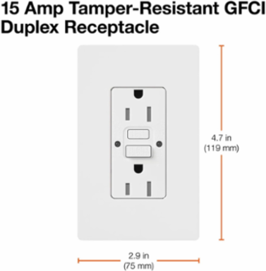 GFCI Receptacle 15 Amp, Self-Testing, 4.69 x 2.94 Inch, Tamper-Resistant