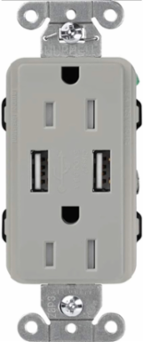 Tamper-Resistant USB Receptacle 15A Gray, 2 Ports, 3.8A Output, Wallbox Mounted