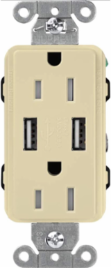 Tamper-Resistant USB Receptacle, 15 Amp, Dual USB Type A 3.8A Output, Ivory