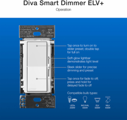 Lutron Diva Smart ELV+ Dimmer Switch for Caseta Systems, Phase Selectable, 250W LED/400VA MLV/500W ELV, Neutral Required, 120V, DVRF-5NE-BL, Black