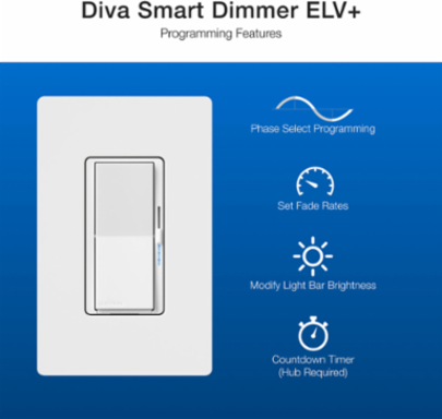 Lutron Diva Smart ELV+ Dimmer Switch for Caseta Systems, Phase Selectable, 250W LED/400VA MLV/500W ELV, Neutral Required, 120V, DVRF-5NE-LA, Light Almond