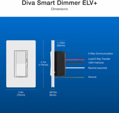 Lutron Diva Smart ELV+ Dimmer Switch for Caseta Systems, Phase Selectable, 250W LED/400VA MLV/500W ELV, Neutral Required, 120V, DVRF-5NE-WH, White