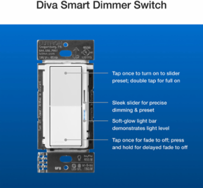 Diva Smart Dimmer & Pico Paddle Remote, 150W LED & 600W Incandescent, Wireless