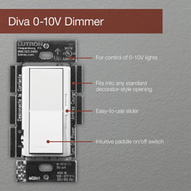 Diva 0-10V Dimmer Switch, 3-Way/Single-Pole, 8A, Plastic/Metal, White