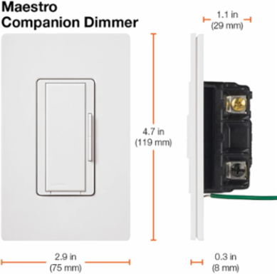 Maestro Companion Dimmer Switch, 120V, Glossy White Finish