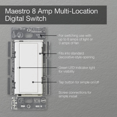 Maestro 8A Electronic Switch, 120V, Multi-location Compatible, Glossy White