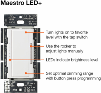 Maestro LED+ Dimmer Switch, 150W for LED/CFL, 600W for Incandescent, 4.69 x 2.94 Inch