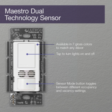 Maestro Dual Tech Vacancy Sensor Switch, Almond, 6A Load, 180-Degree Sensing Range