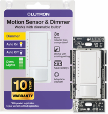 Maestro LED+ Motion Sensor Dimmer Switch, 600W Incandescent/150W LED, White