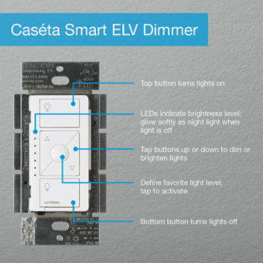 Caseta ELV+ Dimmer Switch 250W LED, White Finish, Wireless, Push Button