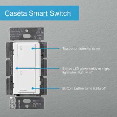 Caseta 6A Wireless In-Wall Smart Switch, Glossy White Finish, 120V