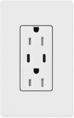 Lutron Claro 15A Tamper Resistant USB Type C Duplex Receptacle Designer style receptacles, Satin Finish, SCR-15-CCTR-SW, Snow White.