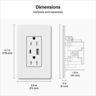 Lutron Claro 15A Tamper Resistant USB Type C Duplex Receptacle Designer style receptacles, Satin Finish, SCR-15-CCTR-SW, Snow White.