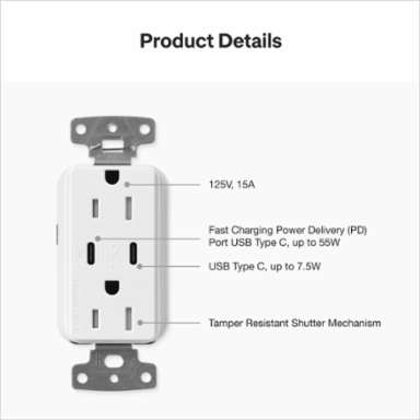 Lutron Claro 15A Tamper Resistant USB Type C Duplex Receptacle Designer style receptacles, Satin Finish, SCR-15-CCTR-SW, Snow White.