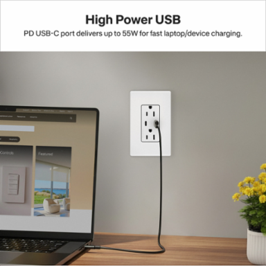 Lutron Claro 15A Tamper Resistant USB Type C Duplex Receptacle Designer style receptacles, Satin Finish, SCR-15-CCTR-SW, Snow White.