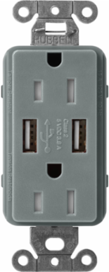 Satin Tamper-Resistant USB Receptacle with 2 Ports, 15A, Slate Color