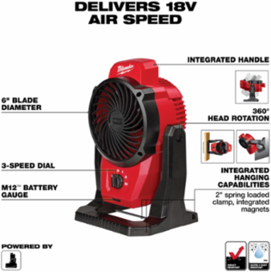 M12™ Mounting Fan with 6 Inch Blade, 400 CFM Airflow, 18V Power