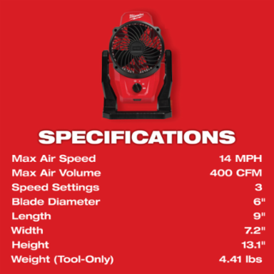 M12™ Mounting Fan with 6 Inch Blade, 400 CFM Airflow, 18V Power