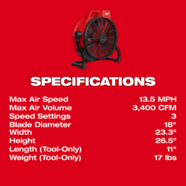 M18™ Brushless 18 Inch Fan, 3 Speeds, 3400 CFM, Corded/Cordless, Red/Black