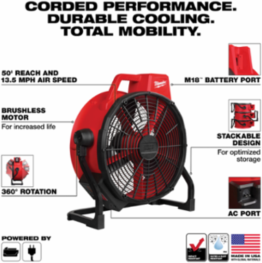 M18™ Brushless 18 Inch Fan, 3 Speeds, 3400 CFM, Corded/Cordless, Red/Black