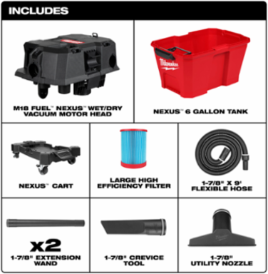 M18 FUEL™ 6 Gallon Cordless Wet/Dry Vacuum - 87 CFM, 1-7/8" Hose Diameter, 26 lbs