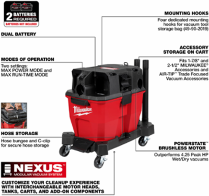 M18 FUEL™ 9 Gallon Cordless Wet/Dry Vacuum with 1-7/8" Hose, 109 CFM