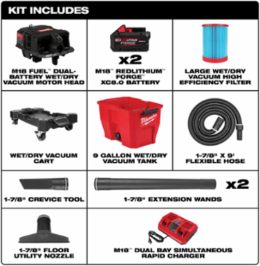 M18 FUEL™ 9 Gallon Cordless Wet/Dry Vacuum Kit, 109 CFM, 1-7/8" Hose