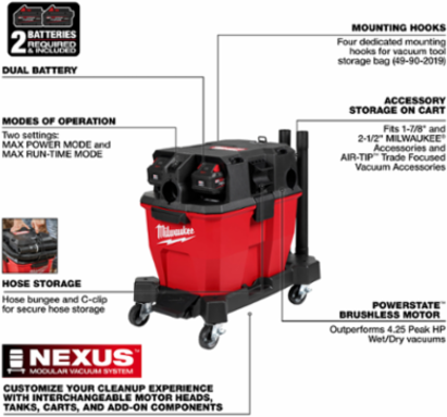 M18 FUEL™ 9 Gallon Cordless Wet/Dry Vacuum Kit, 109 CFM, 1-7/8" Hose