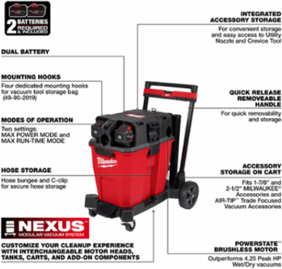 M18 FUEL™ 12 Gallon Wet/Dry Vacuum Kit, 109 CFM, 50.29 lbs, Cordless