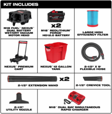 M18 FUEL™ 12 Gallon Wet/Dry Vacuum Kit, 109 CFM, 50.29 lbs, Cordless