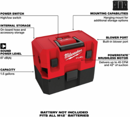 M12 FUEL™ 1.6 Gallon Cordless Wet/Dry Vacuum, 45 CFM, 42" Suction, HEPA Filter