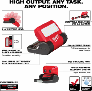 REDLITHIUM™ USB ROVER™ 550 Lumens Pivoting Flood Light, 210° Rotation