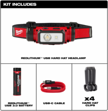 REDLITHIUM USB Hard Hat Headlamp, 600 Lumens, Rechargeable, 5.28 oz