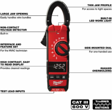 True-RMS Clamp Meter for HVAC/R, 1.3 Inch Jaw Opening, 600 A AC/DC