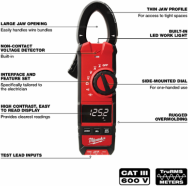 True-RMS Clamp Meter, 1.30 Inch Jaw Opening, Measures Up to 600 A AC/DC