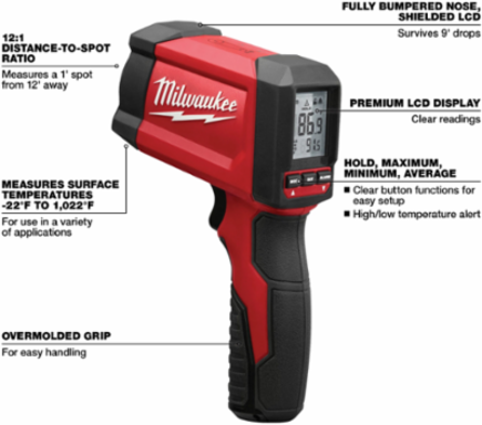 Infrared Temperature Gun, 12:1 Distance-to-Spot Ratio, Measures -22⁰F to 1022⁰F