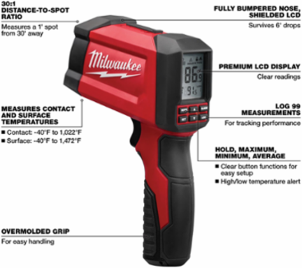Infrared Temperature Gun, 30:1 Distance-to-Spot Ratio, -40°F to 1472°F Range