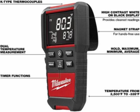 Heavy Duty Contact Temperature Meter, -328 F to 2500 F Temperature Range, 10.3 Inch Length, Digital Accuracy 1.3 F