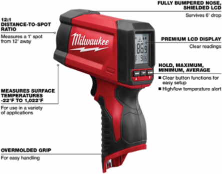 M12™ Infrared Temperature Gun, 12:1 Distance-to-Spot Ratio, Measures -22°F to 1022°F